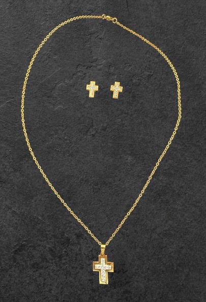 Colgante y pendientes Cruz dorado
